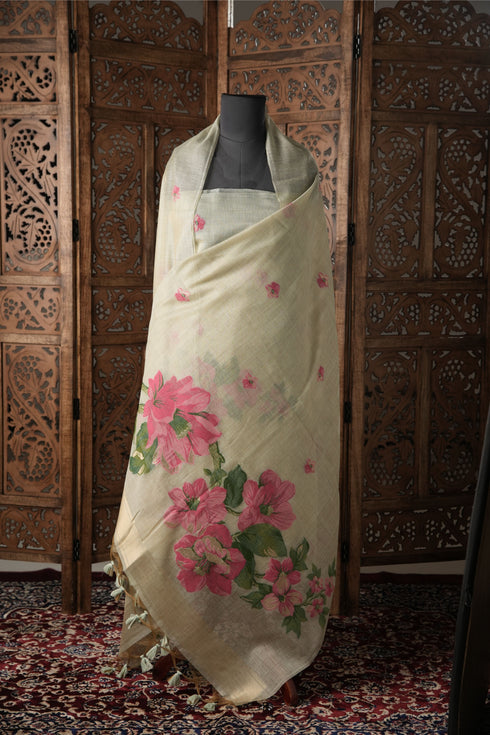 Modern Minimal Pista Green Floral Muga Cotton Unstitched Suit Set